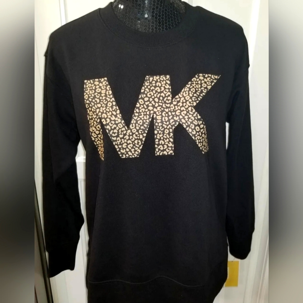 NWT Michael Kors Women’s Black MK Leopard  Logo Pullover Sweatshirt Top - XS